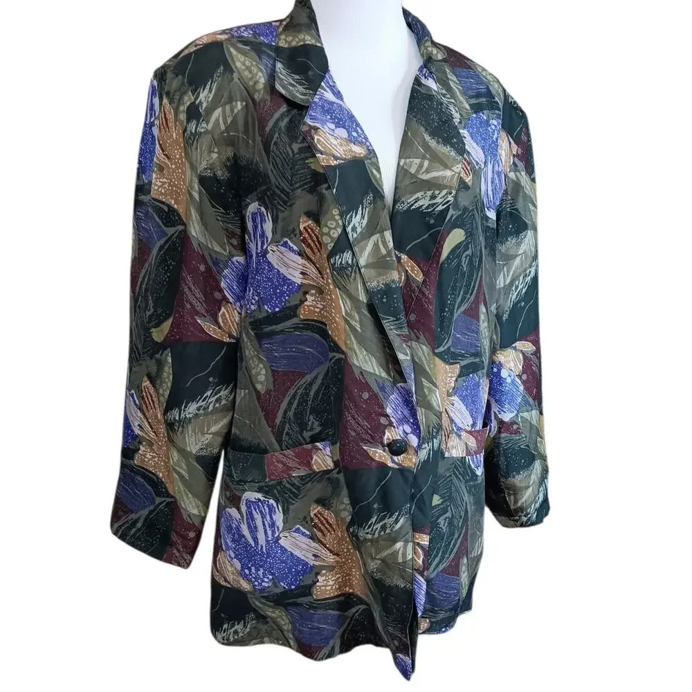 VINTAGE 80s‎ 90s Floral Silk Jacket Blazer M Artsy Tropical Career Office Work